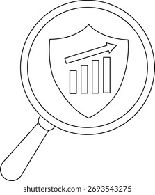 A magnifying glass frames a shield displaying a rising bar graph and an upward arrow