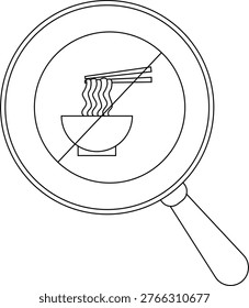 A magnifying glass frames a symbol prohibiting noodles in a bowl with chopsticks crossed out by a diagonal line