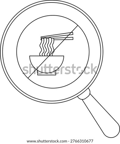 A magnifying glass frames a symbol prohibiting noodles in a bowl with chopsticks crossed out by a diagonal line