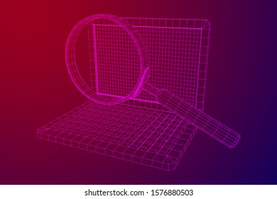 Magnifying glass in front of laptop screen. Business internet surfing, Analysis search concept. Wireframe low poly mesh vector illustration