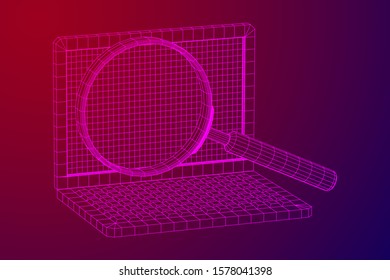 Magnifying glass in front of laptop screen. Business internet surfing, Analysis search concept. Wireframe low poly mesh vector illustration