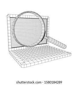 Magnifying glass in front of laptop screen. Business internet surfing, Analysis search concept. Wireframe low poly mesh vector illustration