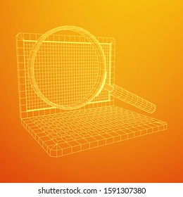 Magnifying glass in front of laptop screen. Business internet surfing, Analysis search concept. Wireframe low poly mesh vector illustration