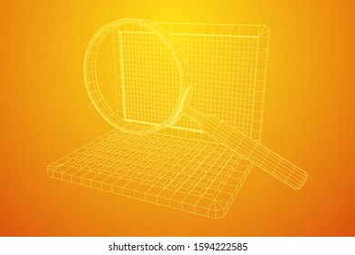Magnifying glass in front of laptop screen. Business internet surfing, Analysis search concept. Wireframe low poly mesh vector illustration