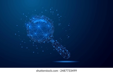 Magnifying glass Futuristic search icon Low poly wireframe design. Analysis, search tool design vector illustration.Abstract geometric blue background.