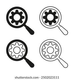 Magnifying glass with gear. Four black and white variations. Technical analysis icons. Vector illustration.