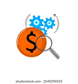 Magnifying glass, gear icon and dollar sign coin icon isolated on white background.