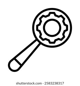 Magnifying glass with gear icon, vector design. Editable stroke.