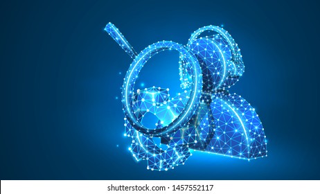 Magnifying glass. Gear, Support manager. Consultation analytics, problem-solution analysis technology concept. Abstract, digital, wireframe, low poly mesh, vector blue neon 3d illustration. Line dot