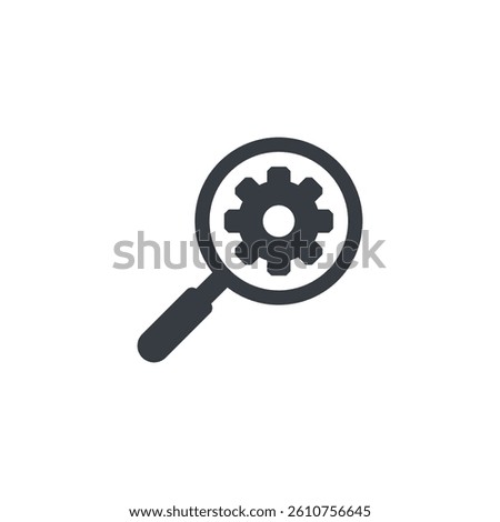 Magnifying glass with gear. Vector icon on white background.