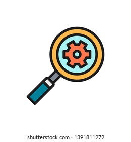 Magnifying glass with gear wheel, factory performance analysis, plant research flat color icon.