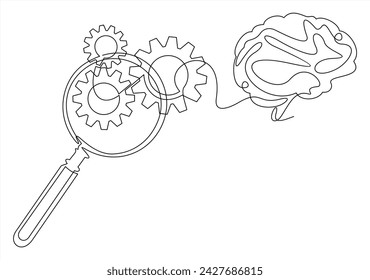 Magnifying glass with gear wheel setting for business planning development and target objective management, Creative and new idea innovation,Brain gears and cogs. Mental illness, psychology, invention