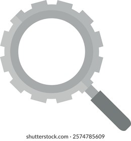 Magnifying glass with a gear-like border around the lens. Detailed analysis, precision.