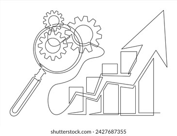 Magnifying Glass with Gears and Graph,Market research, analytic. Business analysis, financial forecast logo. Vector illustration.	
