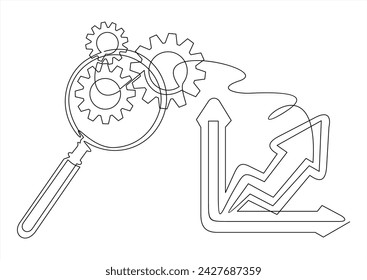 Magnifying Glass with Gears and Graph,Market research, analytic. Business analysis, financial forecast logo. Vector illustration.	
