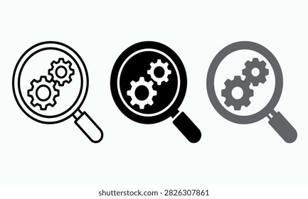 Magnifying glass with gears inside presented as a flat icon in three color variations magnifyingglass mechanism cogwheel inspection analysis