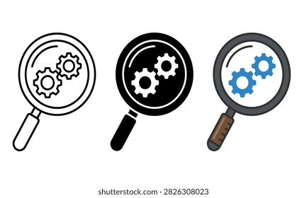 Magnifying glass with gears inside presented as a vector illustration in three color variations magnifyingglass cogwheels mechanism graphic design