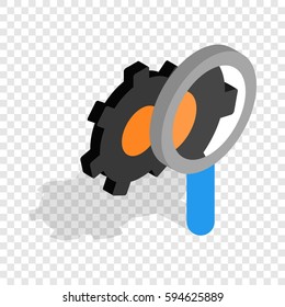 Magnifying Glass and gears isometric icon 3d on a transparent background vector illustration