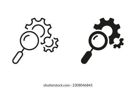 Magnifying Glass with Gears Line and Silhouette Icon Set. Search Service and Control Black Sign. Maintenance of Factory Mechanism Cogwheel Symbol Collection. Isolated Vector Illustration.