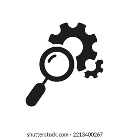 Magnifying Glass with Gears. Service of Search and Control. Loupe with Cogwheel Black Icon. Maintenance of Factory Mechanism. Isolated Vector Illustration.