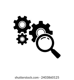 Magnifying Glass with Gears. Service of Search and Control. Loupe with Cogwheel Black Icon. Maintenance of Factory Mechanism. Isolated Vector Illustration.