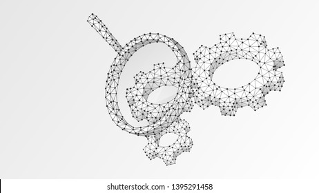 Magnifying glass. Gears technology Analysis. Industry, business solution, engineering concept. Abstract, digital, wireframe, low poly mesh, vector white origami 3d illustration. Triangle, line, dot