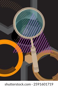 Magnifying Glass geometrical graphic retro theme background. Minimal geometric elements. Vintage abstract shapes vector illustration.