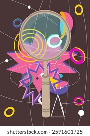 Magnifying Glass geometrical graphic retro theme background. Minimal geometric elements. Vintage abstract shapes vector illustration.