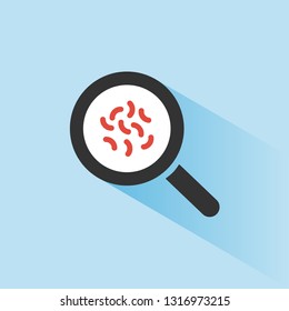 Magnifying glass with germs. Color bacterial microorganism icon with shadow on a blue background