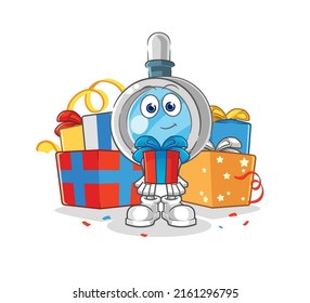 the magnifying glass give gifts mascot. cartoon vector