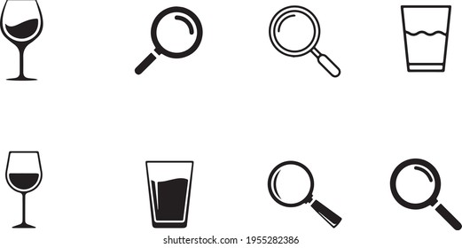magnifying glass and glasses vector image. Glasses and wine glasses. Magnifying glass.