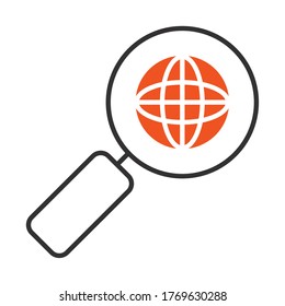 magnifying glass with global sphere icon over white background, half line half color style, vector illustration