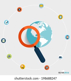 Magnifying glass and globe with application icons, Business working elements for web design, seo optimizations, mobile app, social networks. Modern Flat design icon vector illustration. 