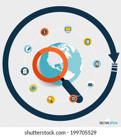 Magnifying glass and globe with application icons. Vector illustration