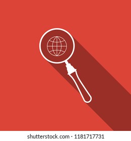 Magnifying glass with globe icon isolated with long shadow. Analyzing the world. Global search sign. Flat design. Vector Illustration