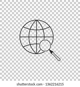 Magnifying glass with globe icon isolated on transparent background. Analyzing the world. Global search sign. Flat design. Vector Illustration