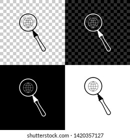Magnifying glass with globe icon isolated on black, white and transparent background. Analyzing the world. Global search sign. Vector Illustration