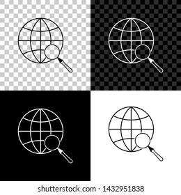 Magnifying glass with globe icon isolated on black, white and transparent background. Analyzing the world. Global search sign. Vector Illustration