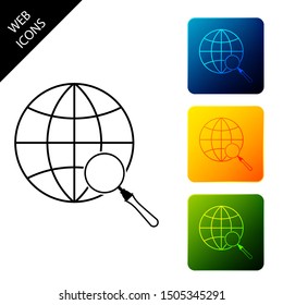Magnifying glass with globe icon isolated on white background. Analyzing the world. Global search sign. Set icons colorful square buttons. Vector Illustration