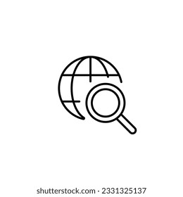 Magnifying glass and globe linear icon. Thin line customizable illustration. Contour symbol. Vector isolated outline drawing. Editable stroke