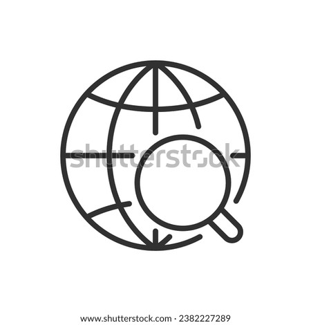 Magnifying glass and globe, linear icon. Line with editable stroke