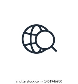 Magnifying glass, globe. Search. Vector linear icon, white background.