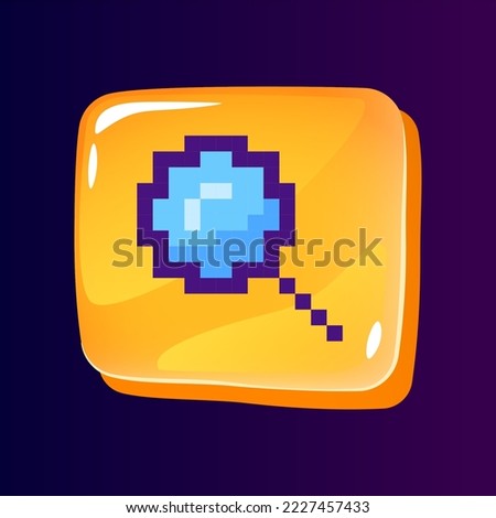 Magnifying glass glossy ui button with pixelated color icon. Search information. Editable 8bit graphic element on shiny glass rectangle shape. Isolated image for arcade, video game design