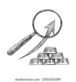 Magnifying Glass with Gold, Hand-Drawn Vector, Graphic Style, Cartoon Illustration, Black and White, Sketch Style, Isolated on White Background