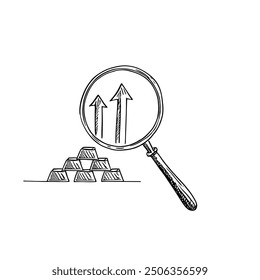 Magnifying Glass with Gold, Hand-Drawn Vector, Graphic Style, Cartoon Illustration, Black and White, Sketch Style, Isolated on White Background