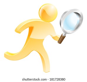 Magnifying glass gold person character looking for something, examining or perhaps a spy or detective of some sort.