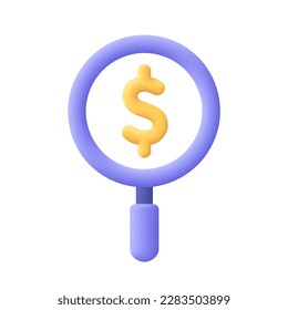 Magnifying glass with golden dollar coin. Search for financial resources, offer price and currency.Business research and money finder. 3d vector icon. Cartoon minimal style.