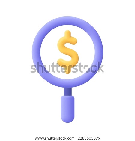 Magnifying glass with golden dollar coin. Search for financial resources, offer price and currency.Business research and money finder. 3d vector icon. Cartoon minimal style.