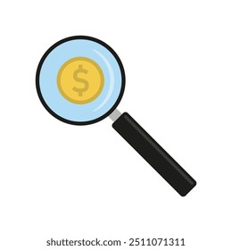 Lupa com sinal de dólar dourado. Ilustração vetorial.