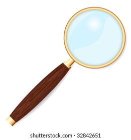 Magnifying glass with golden rim and wooden handle isolated on white background